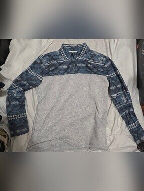 Men's Half-Zip Sweater with Blue Patterned Yoke - Light Gray Body